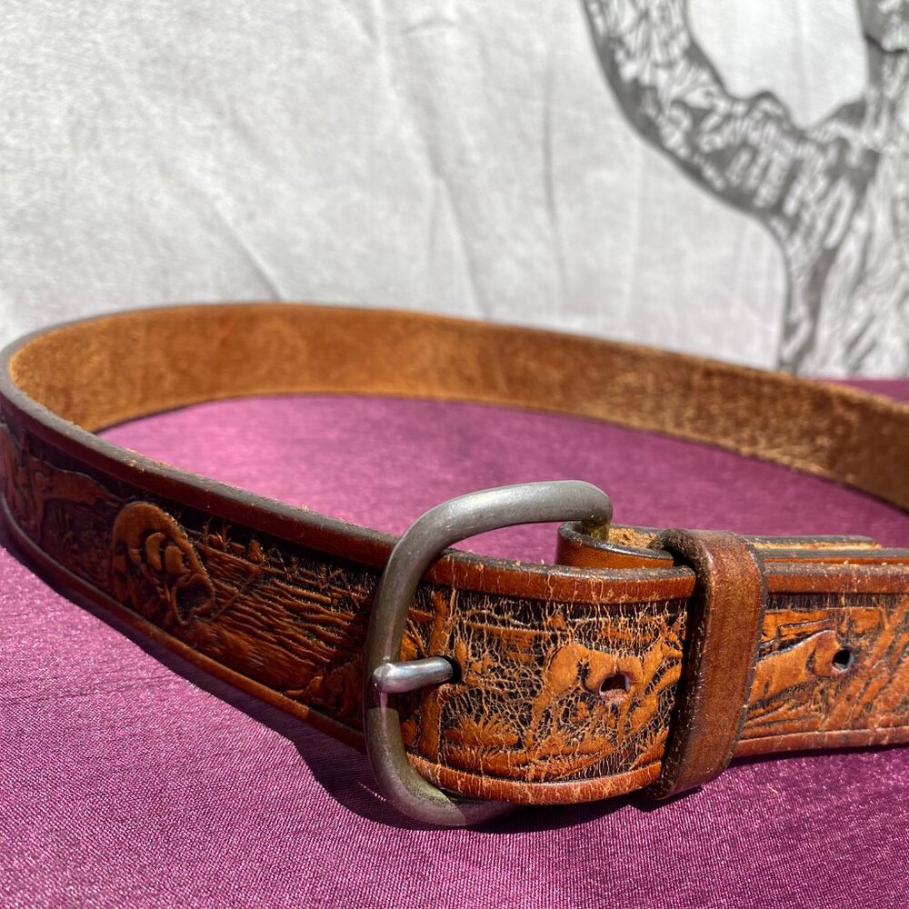 Vintage Gavere Leather Tooled Angler Belt | 1970s Fish Western Tooled 40